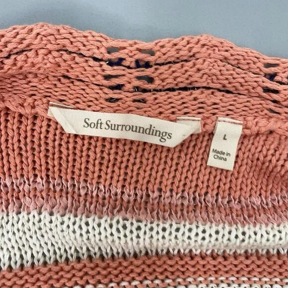 Soft Surroundings Cardigan Sweater Open Front Tunic Stripes Coral Pink Womens L - Picture 5 of 9